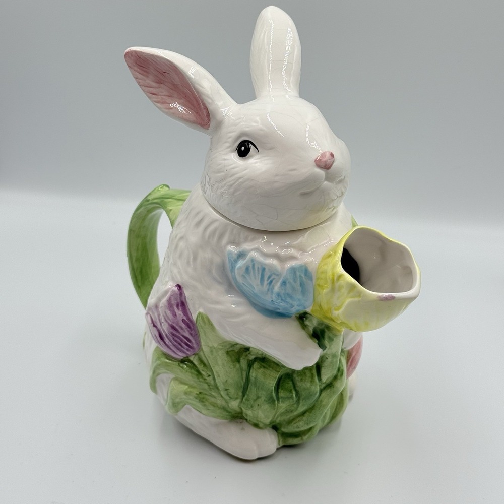 Vintage Enesco Bunny Teapot Ceramic Rabbit Floral Pitcher 8.5" Spring Easter